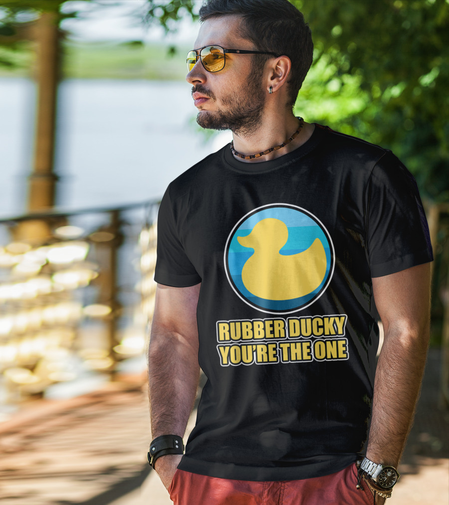 Rubber Ducky You're The One Iconic Yellow Toy Bath Duck Blue Circle Background T-Shirt