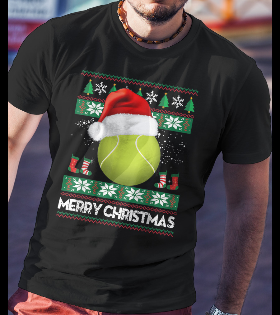Merry Christmas Santa Hat Tennis Baum Pullover Snowflakes T-Shirt