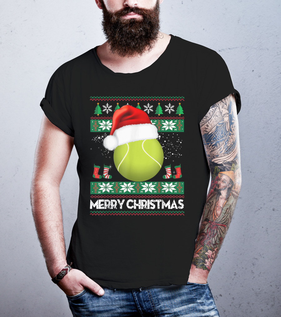 Merry Christmas Santa Hat Tennis Baum Pullover Snowflakes T-Shirt