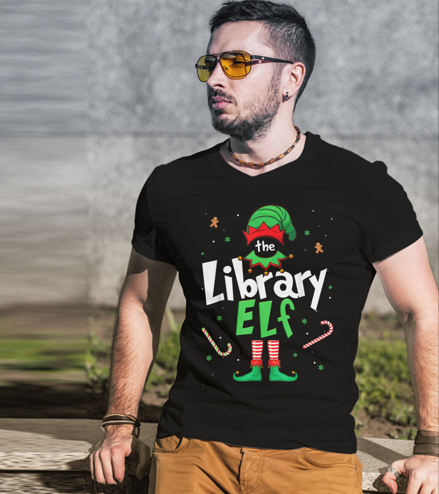 The Library Elf Christmas Xmas Family Outfit Candy Cane Gingerbread T-Shirt