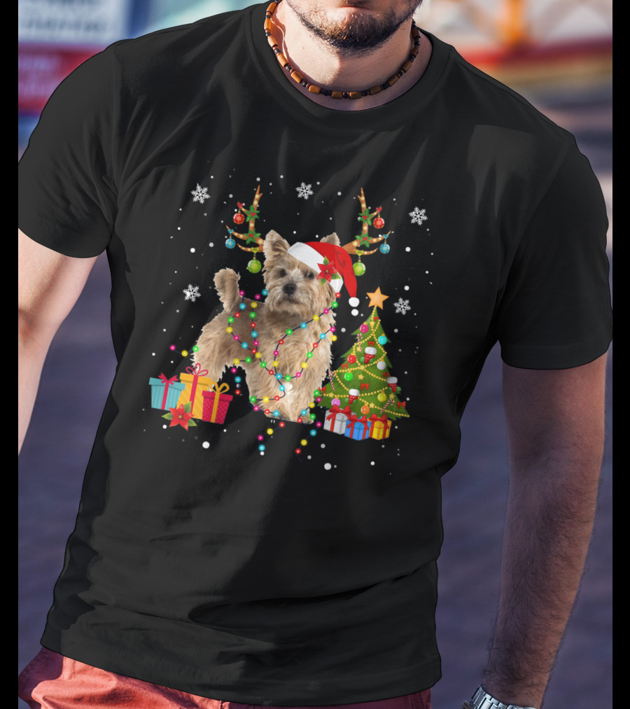 Norwich Terrier Christmas Lights Santa Hat Tree Presents Snowflakes T-Shirt