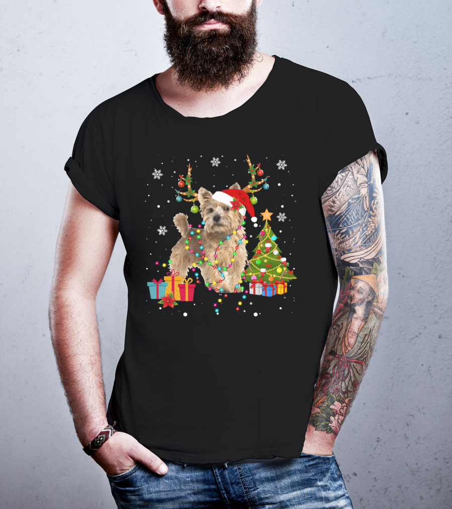 Norwich Terrier Christmas Lights Santa Hat Tree Presents Snowflakes T-Shirt