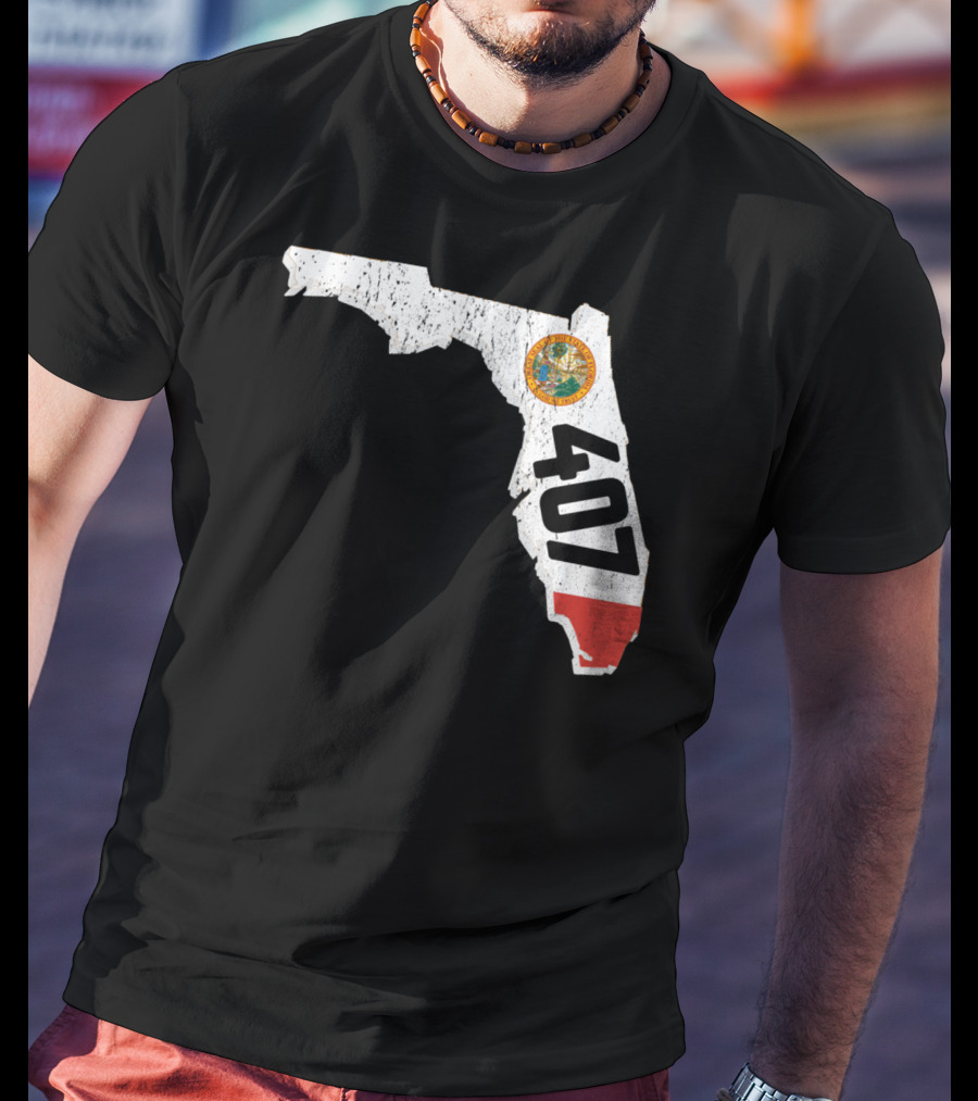 Florida Map Outline With State Seal And 407 Area Code T-Shirt