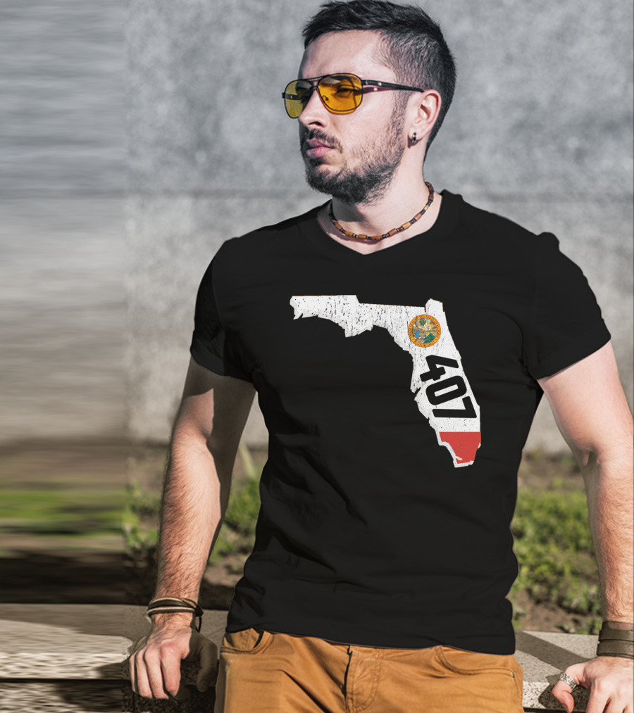 Florida Map Outline With State Seal And 407 Area Code T-Shirt