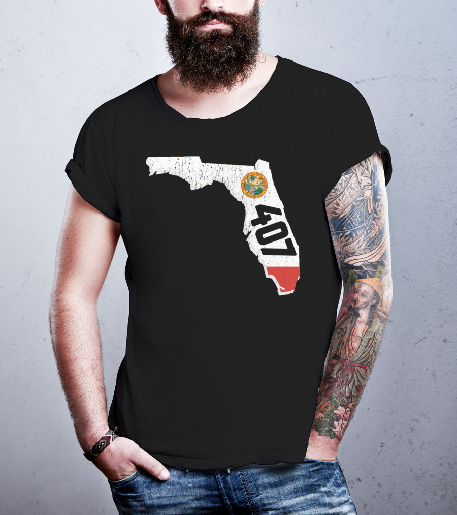 Florida Map Outline With State Seal And 407 Area Code T-Shirt
