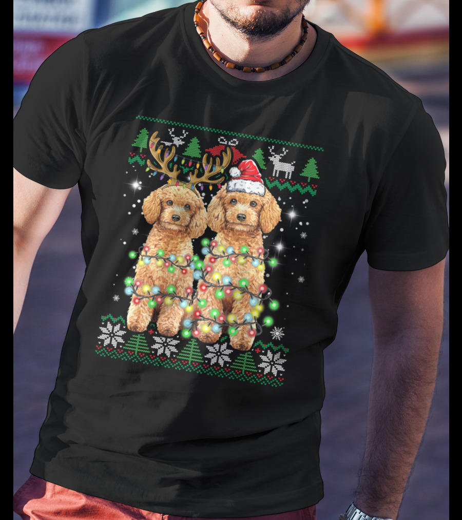 Poodle Dog Ugly Christmas Reindeer Hat Lights Puppy Funny Dog T-Shirt