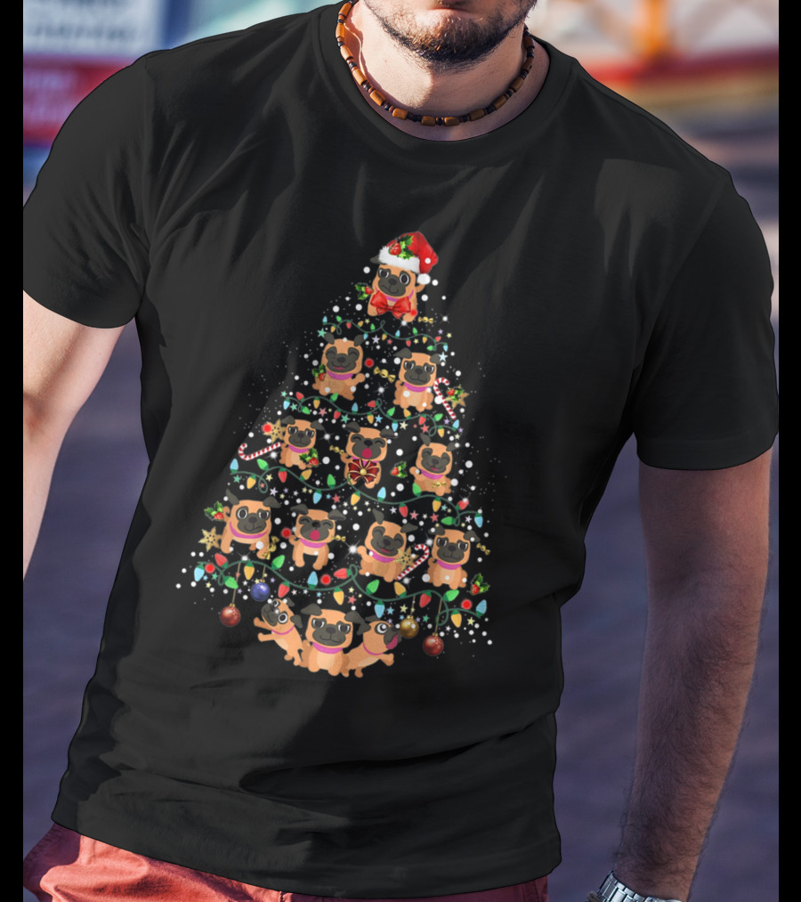 Pug Dog Christmas Tree With Santa Hat And Holiday Decorations T-Shirt