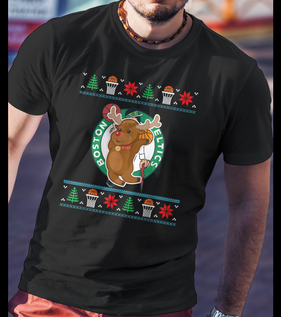Boston Celtics Reindeer Ugly Christmas Basketball T-Shirt