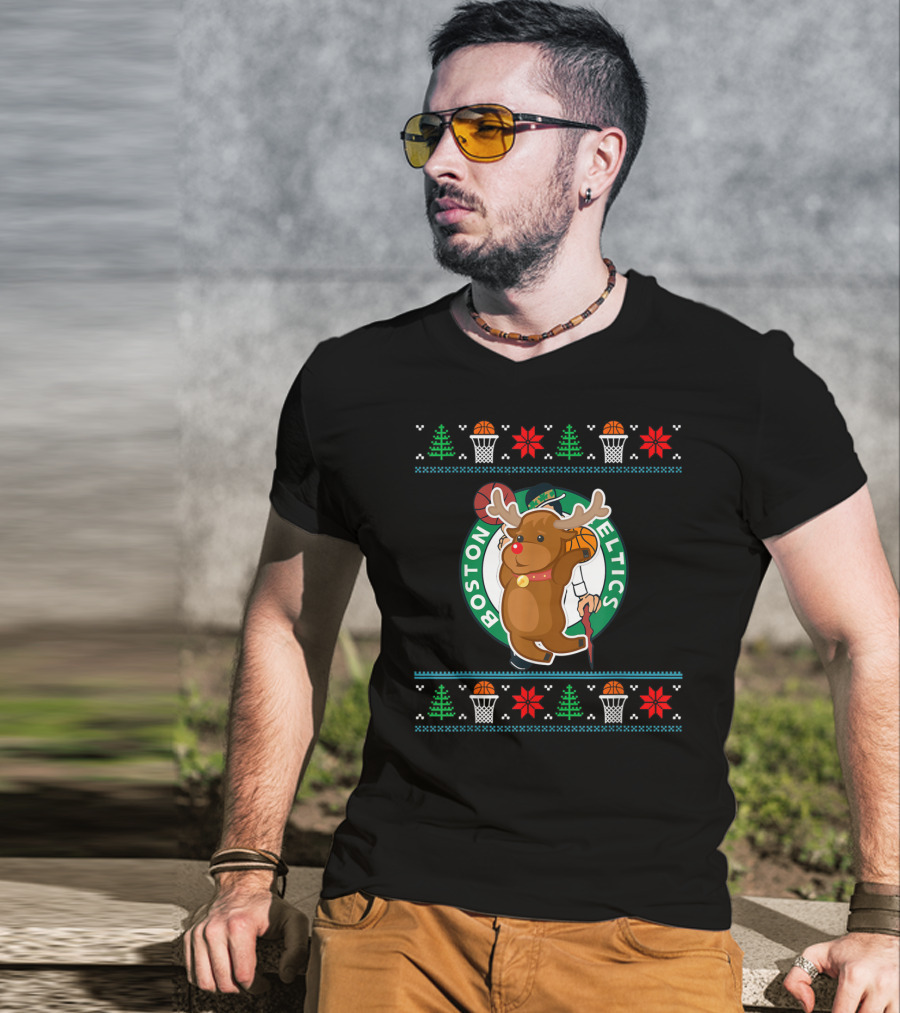 Boston Celtics Reindeer Ugly Christmas Basketball T-Shirt