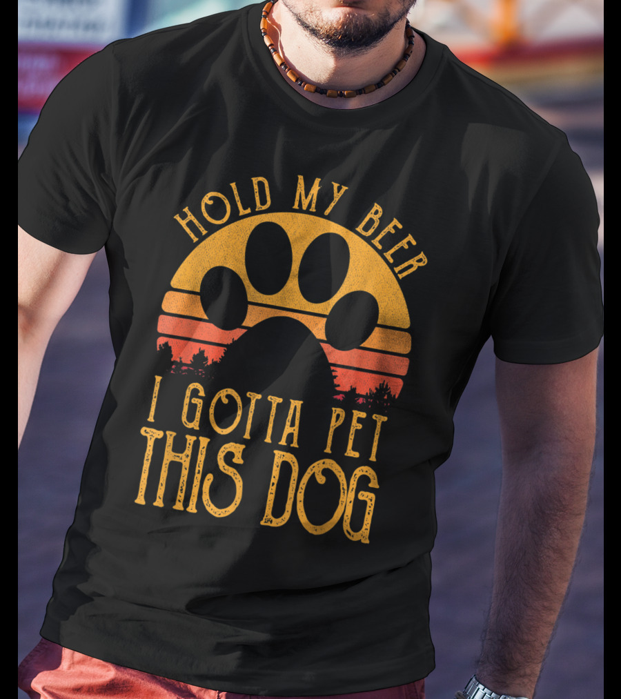 Hold My Beer I Gotta Pet This Dog Retro Vintage Paw Print Sunset T-Shirt