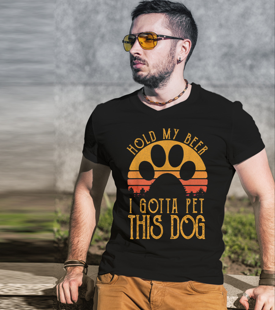 Hold My Beer I Gotta Pet This Dog Retro Vintage Paw Print Sunset T-Shirt