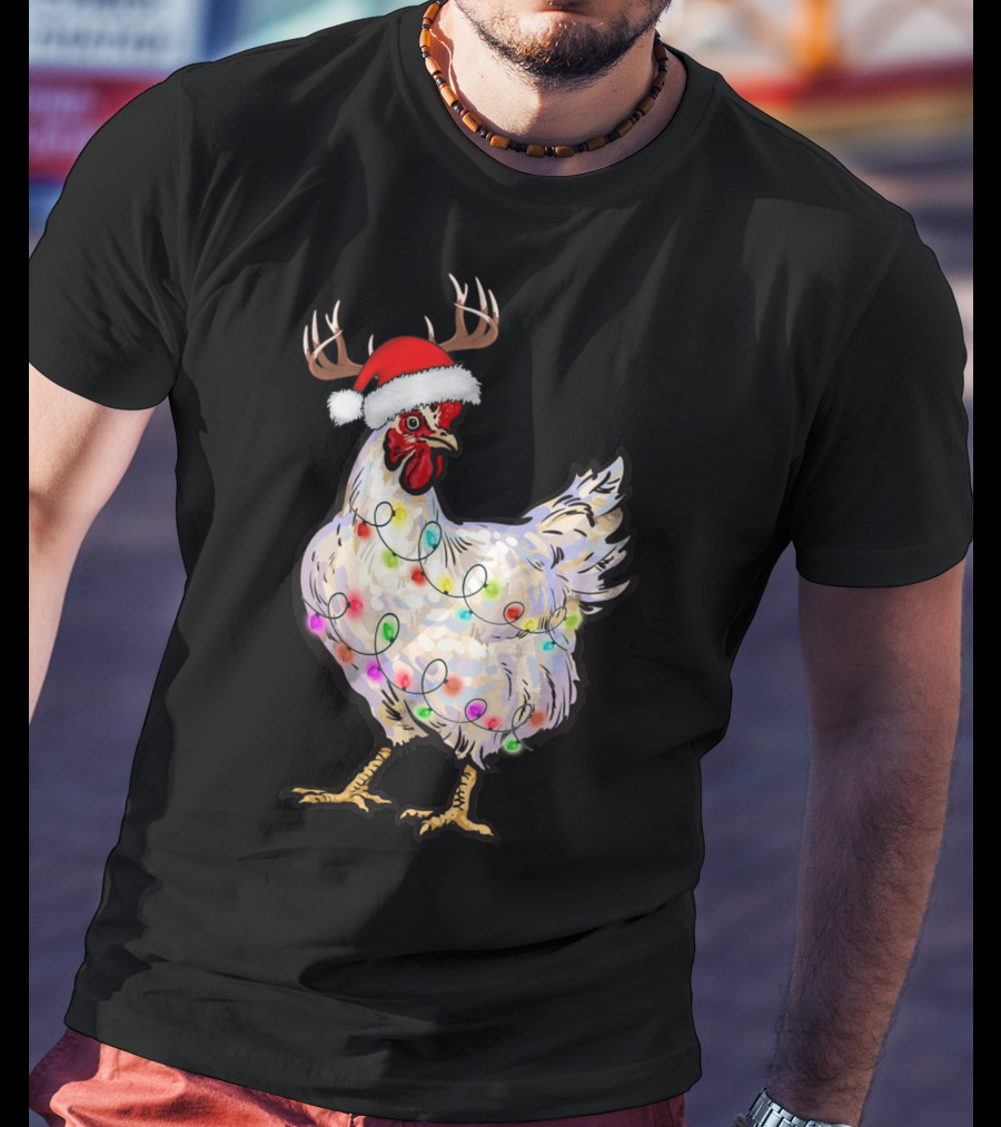 Santa Chicken Reindeer With Christmas Lights And Antlers T-Shirt