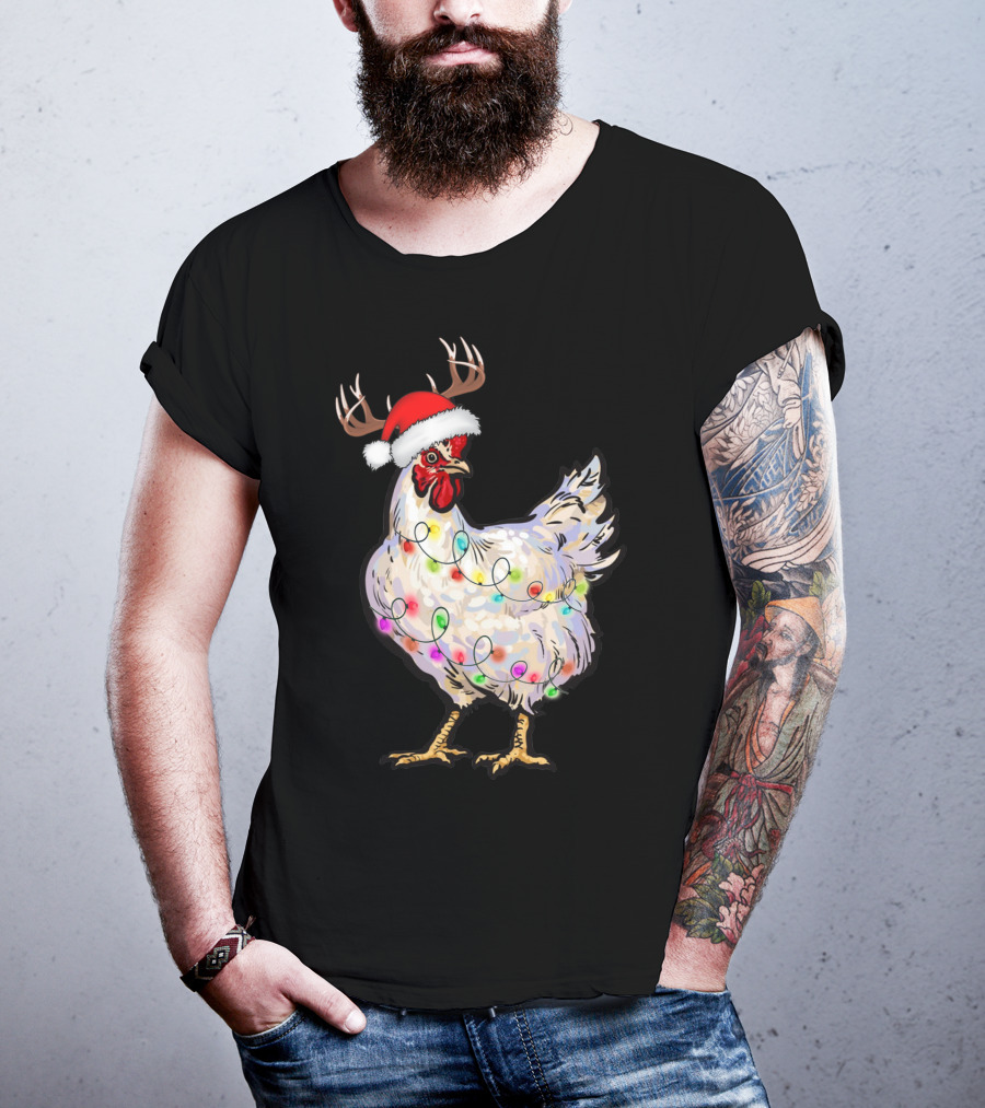 Santa Chicken Reindeer With Christmas Lights And Antlers T-Shirt