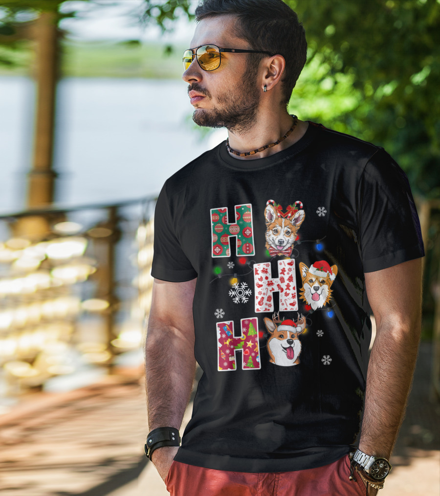 Ho Ho Ho Santa Corgi Christmas Lights Snowflakes T-Shirt