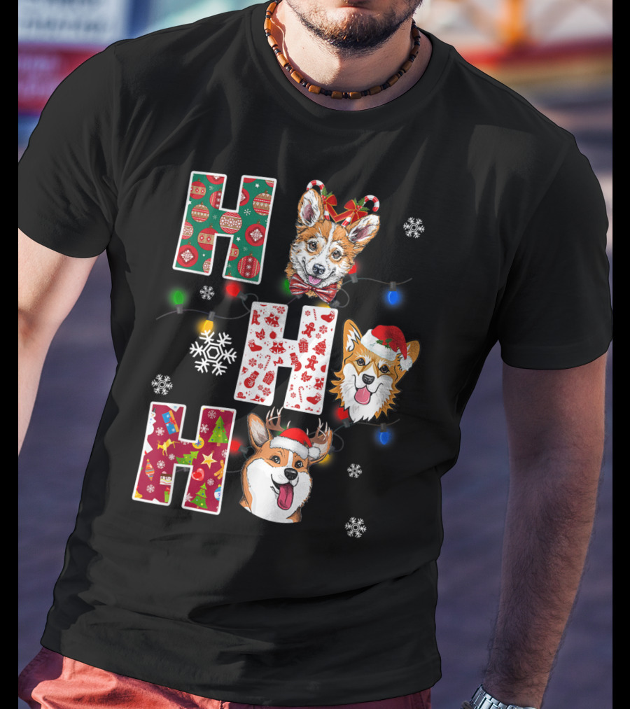 Ho Ho Ho Santa Corgi Christmas Lights Snowflakes T-Shirt