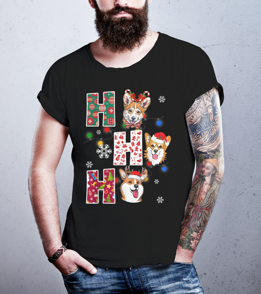 Ho Ho Ho Santa Corgi Christmas Lights Snowflakes T-Shirt