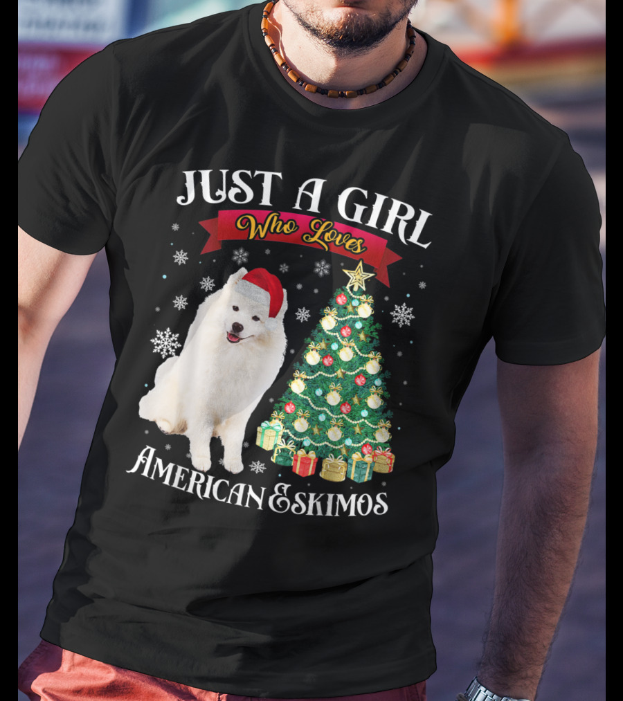 Just A Girl Who Loves American Eskimos Santa Hat Christmas Tree T-Shirt