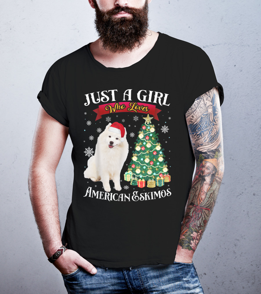 Just A Girl Who Loves American Eskimos Santa Hat Christmas Tree T-Shirt