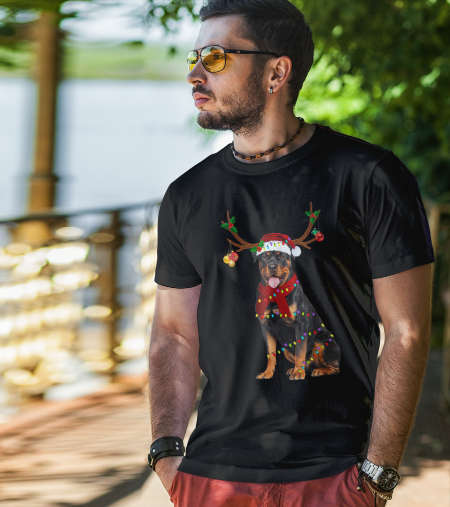 Santa Rottweiler Christmas Reindeer Lights T-Shirt