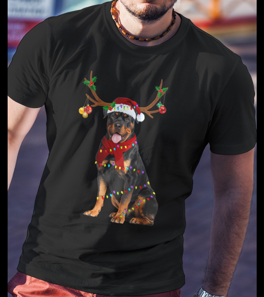 Santa Rottweiler Christmas Reindeer Lights T-Shirt
