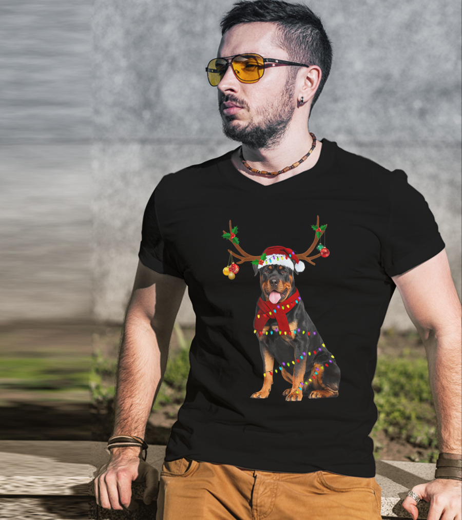 Santa Rottweiler Christmas Reindeer Lights T-Shirt