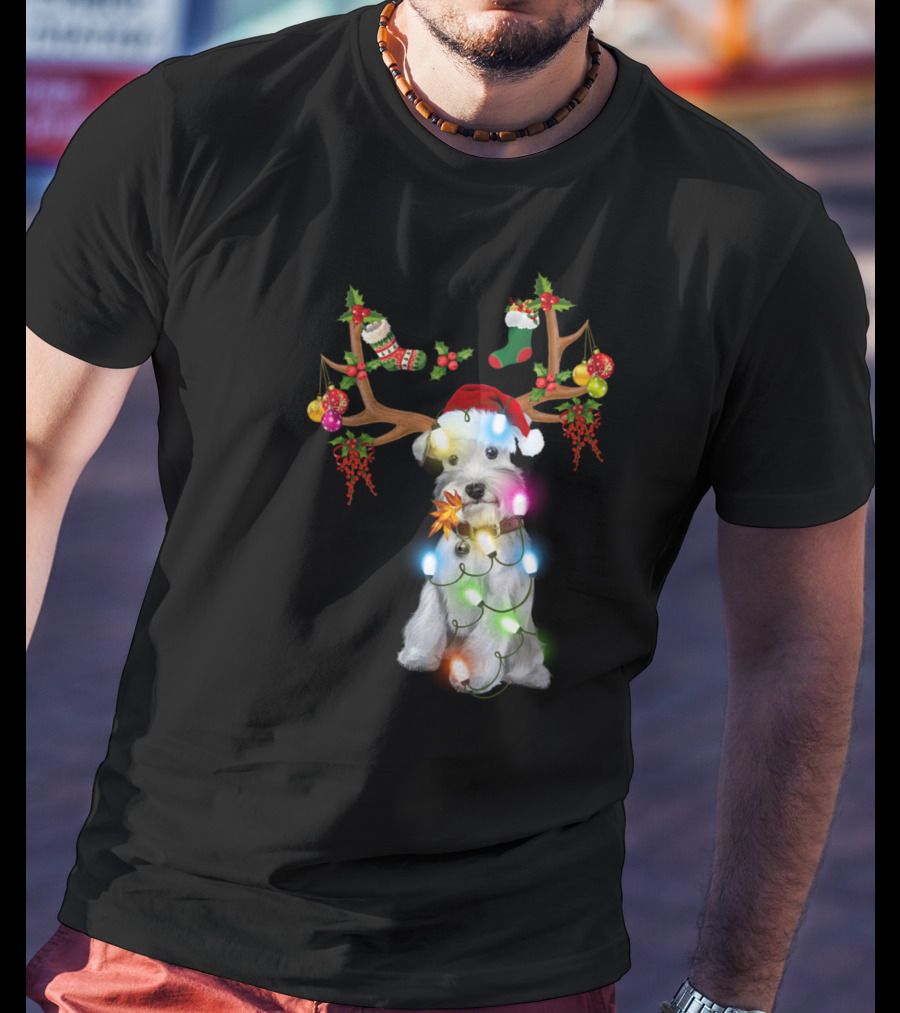 Santa Schnauzer Christmas Lights Reindeer Antlers Holiday Lover T-Shirt