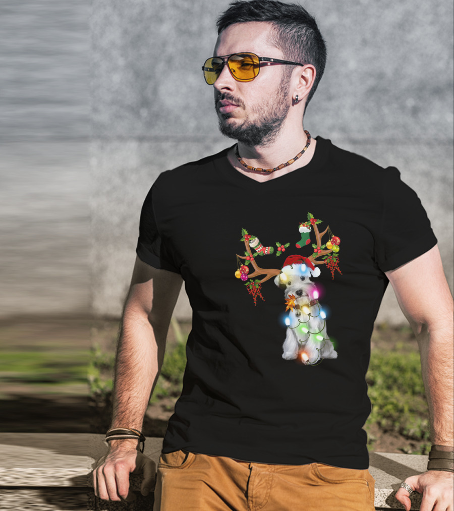Santa Schnauzer Christmas Lights Reindeer Antlers Holiday Lover T-Shirt