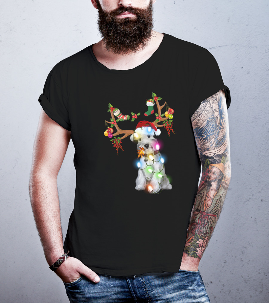 Santa Schnauzer Christmas Lights Reindeer Antlers Holiday Lover T-Shirt