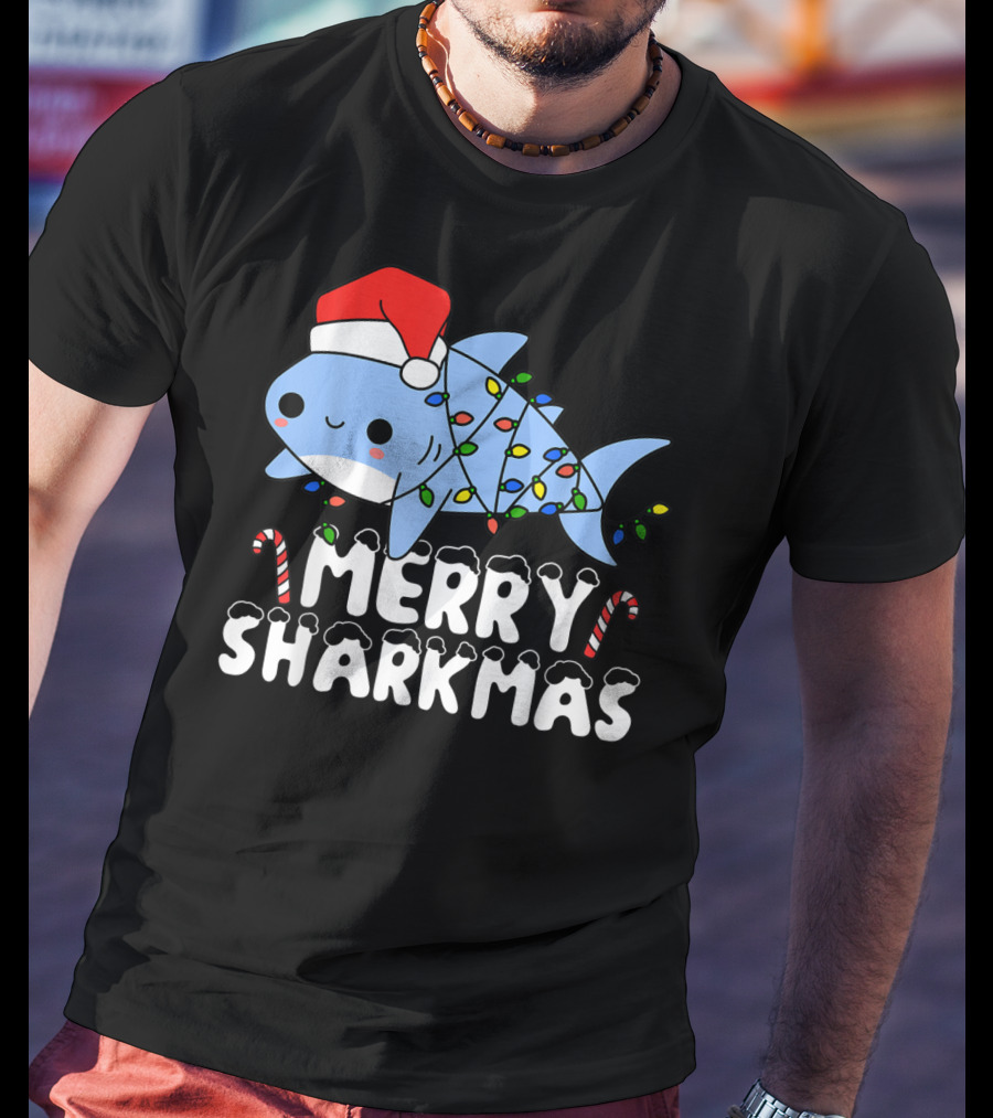 Merry Sharkmas Santa Shark Christmas Lights Boys T-Shirt