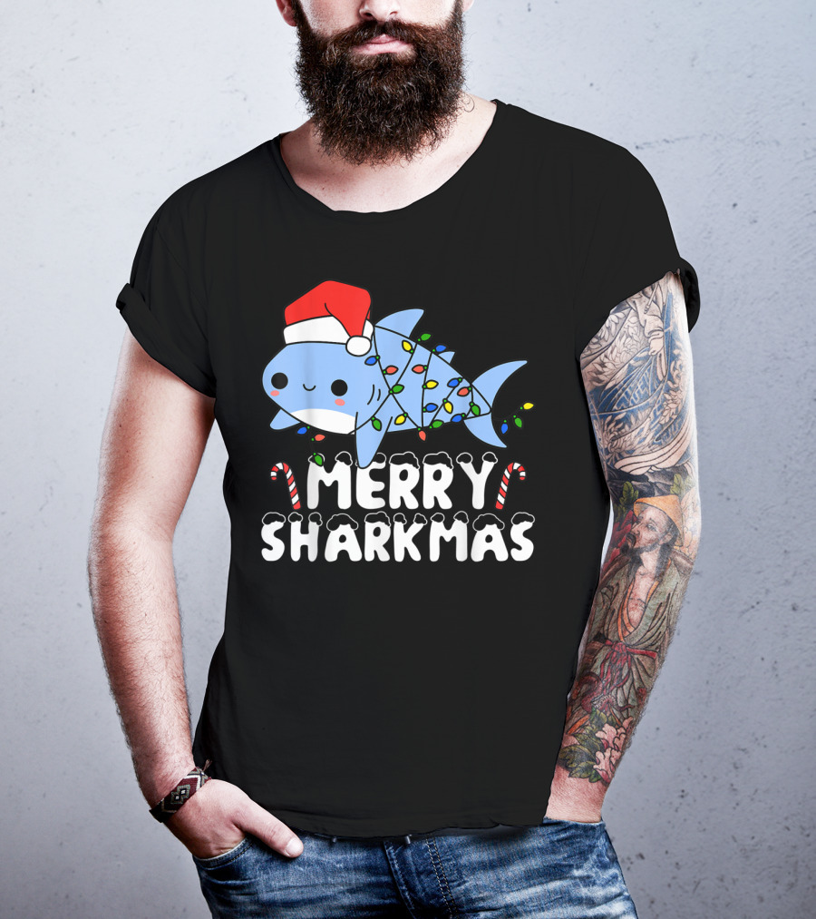 Merry Sharkmas Santa Shark Christmas Lights Boys T-Shirt