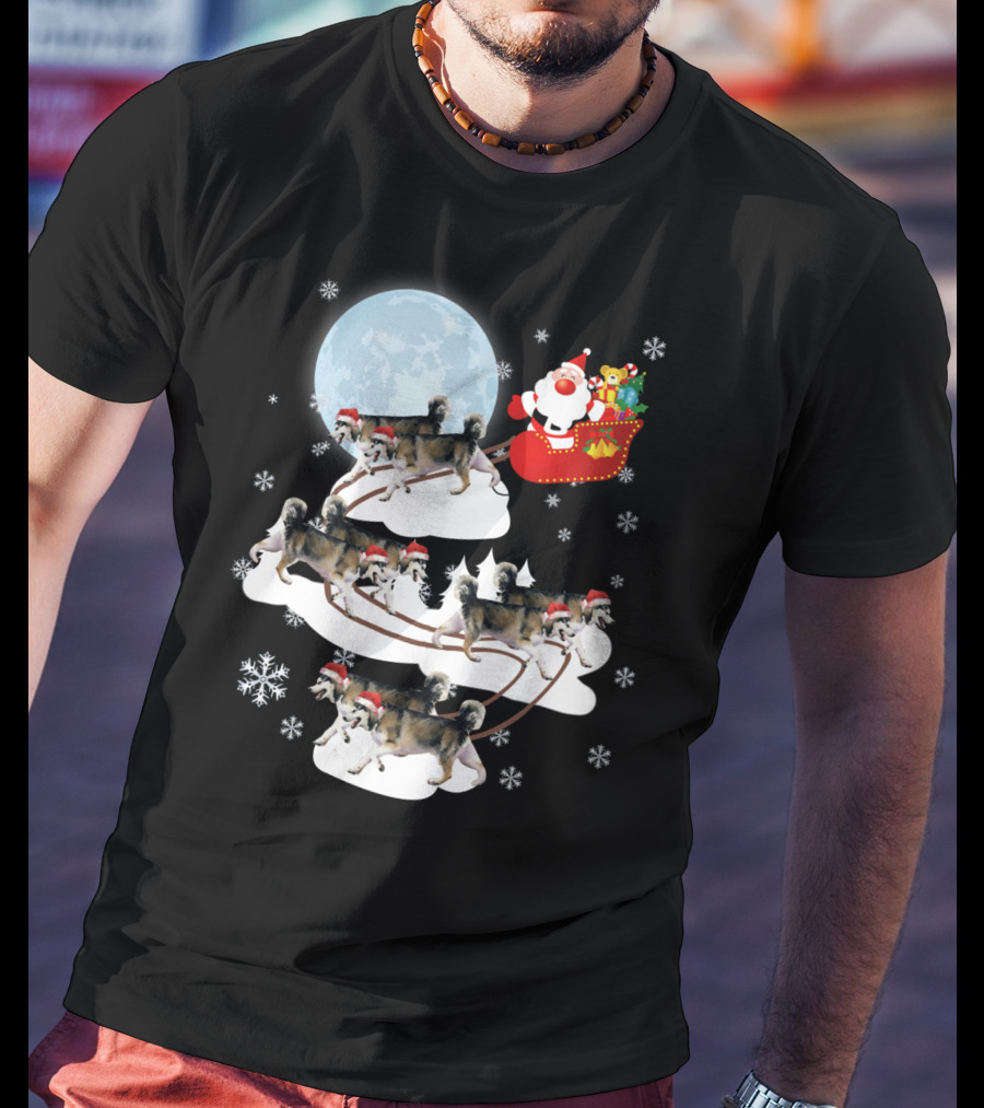 Santa Sleigh Alaskan Malamute Christmas Dog Moon Snowflakes T-Shirt