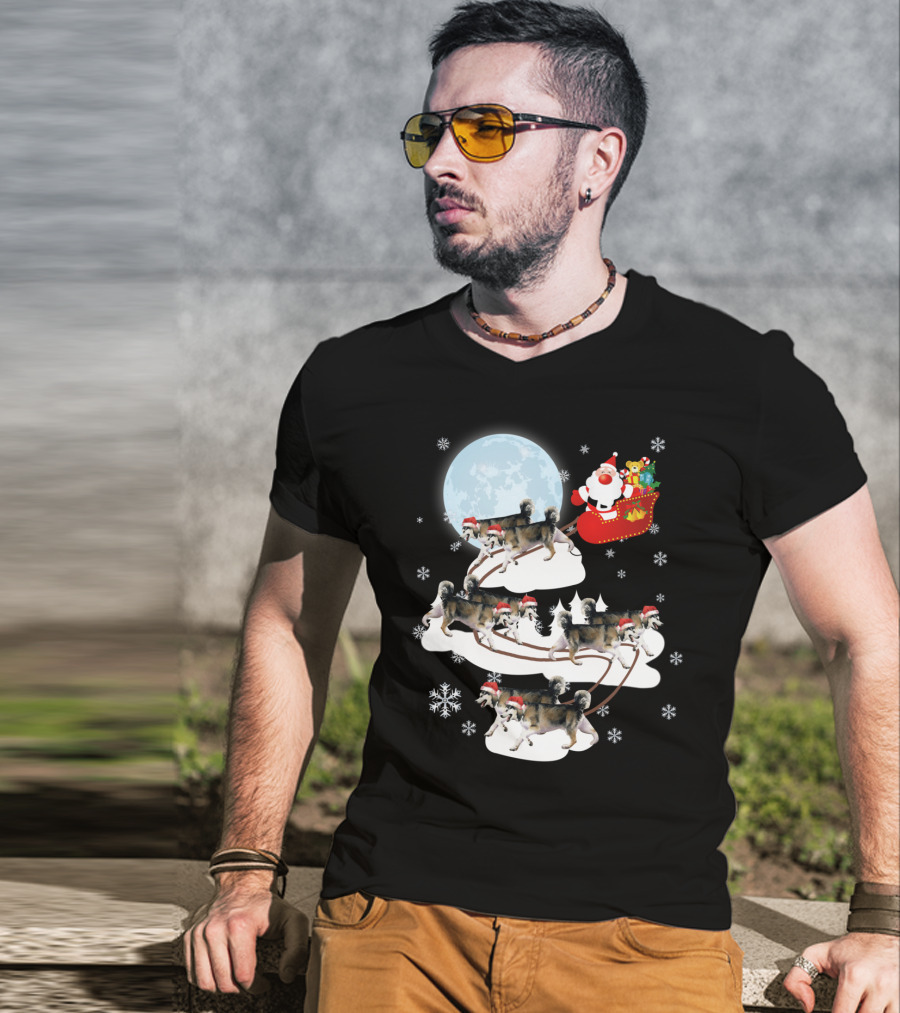 Santa Sleigh Alaskan Malamute Christmas Dog Moon Snowflakes T-Shirt