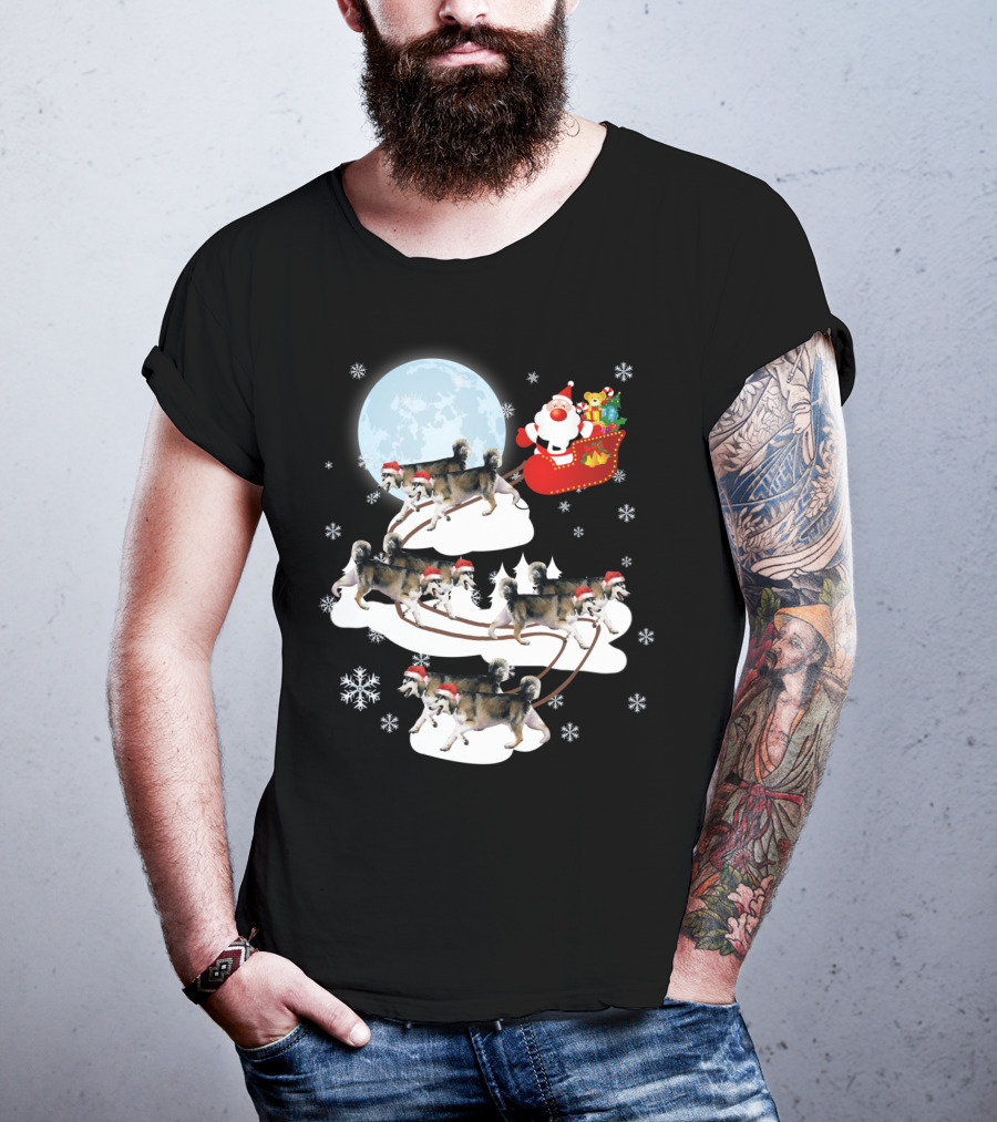 Santa Sleigh Alaskan Malamute Christmas Dog Moon Snowflakes T-Shirt