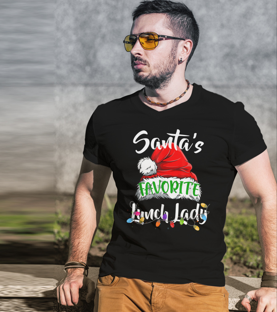 Santa's Favorite Lunch Lady Santa Hat Christmas Lights T-Shirt