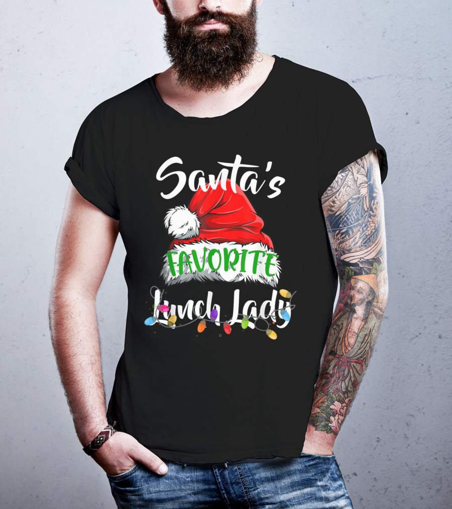 Santa's Favorite Lunch Lady Santa Hat Christmas Lights T-Shirt