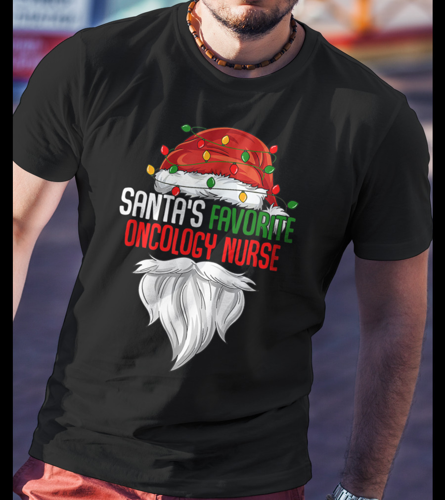 Santa's Favorite Oncology Nurse Christmas Lights And Beard T-Shirt