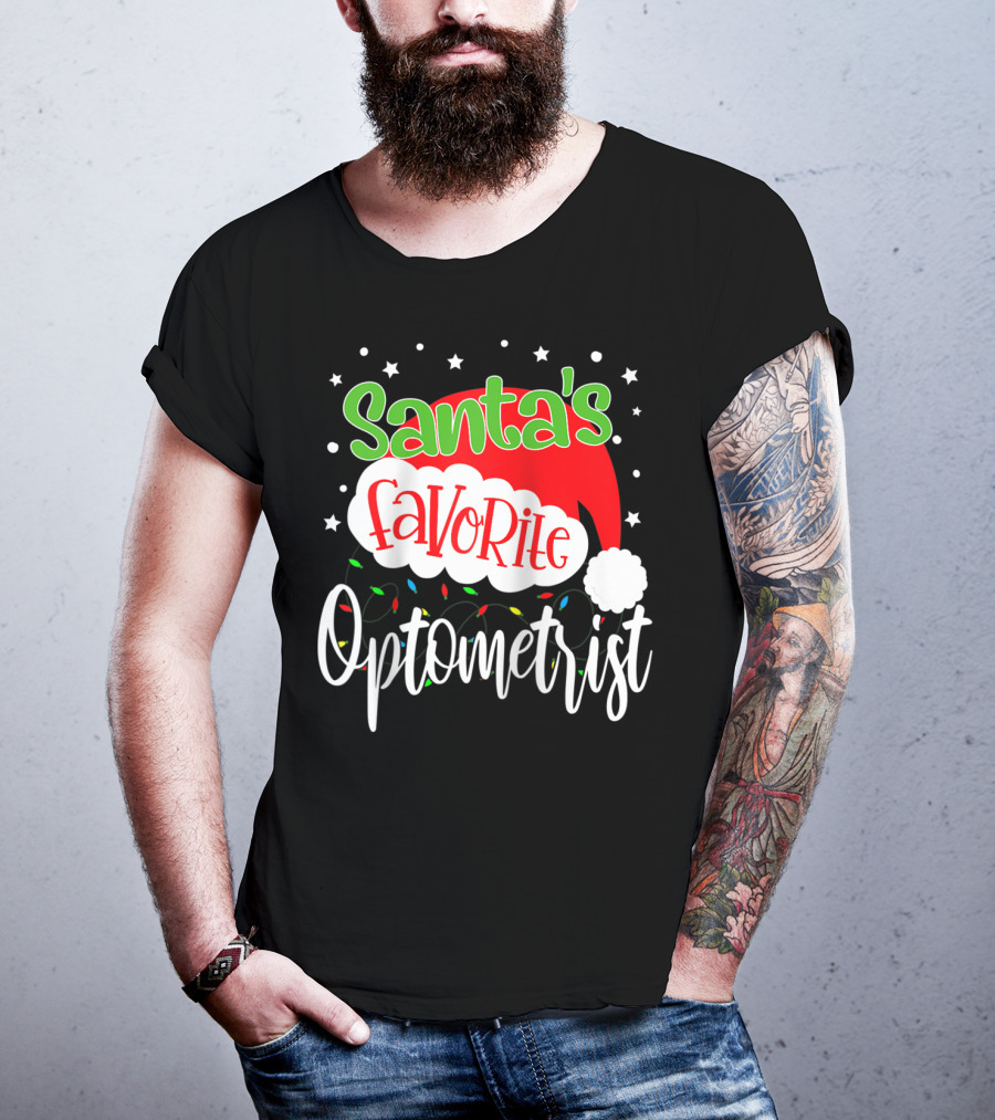 Santa's Favorite Optometrist Christmas Santa Hat And Lights T-Shirt