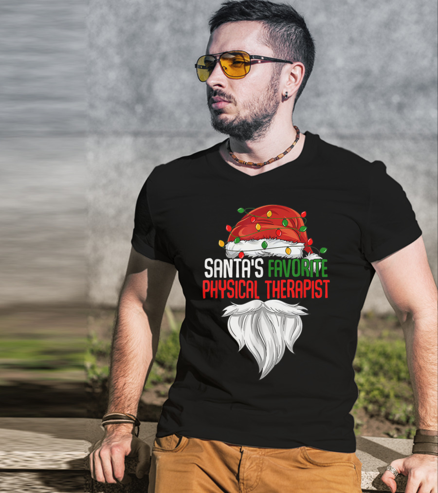 Santa's Favorite Physical Therapist Christmas Lights Hat And Beard T-Shirt