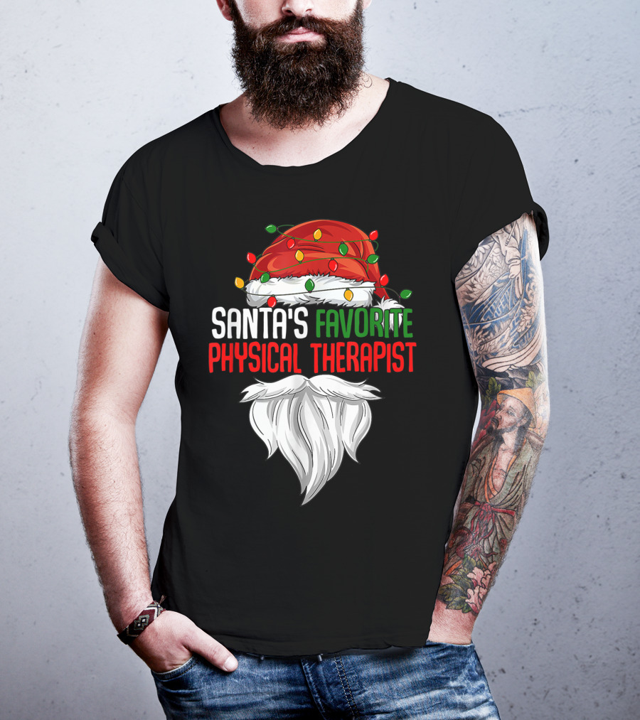 Santa's Favorite Physical Therapist Christmas Lights Hat And Beard T-Shirt