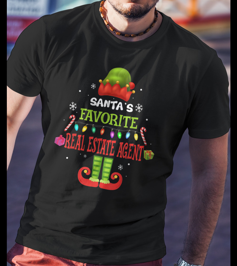 Santa's Favorite Real Estate Agent Christmas Elf Lights Candy Canes Gifts Snowflakes T-Shirt