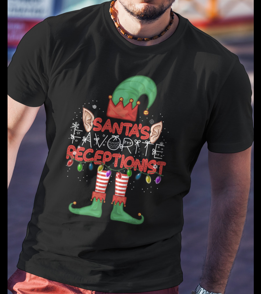 Santa's Favorite Receptionist Elf Hat Christmas Lights T-Shirt