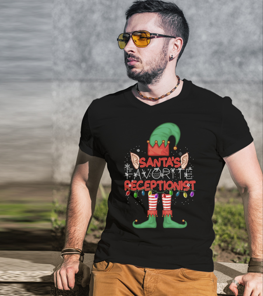 Santa's Favorite Receptionist Elf Hat Christmas Lights T-Shirt