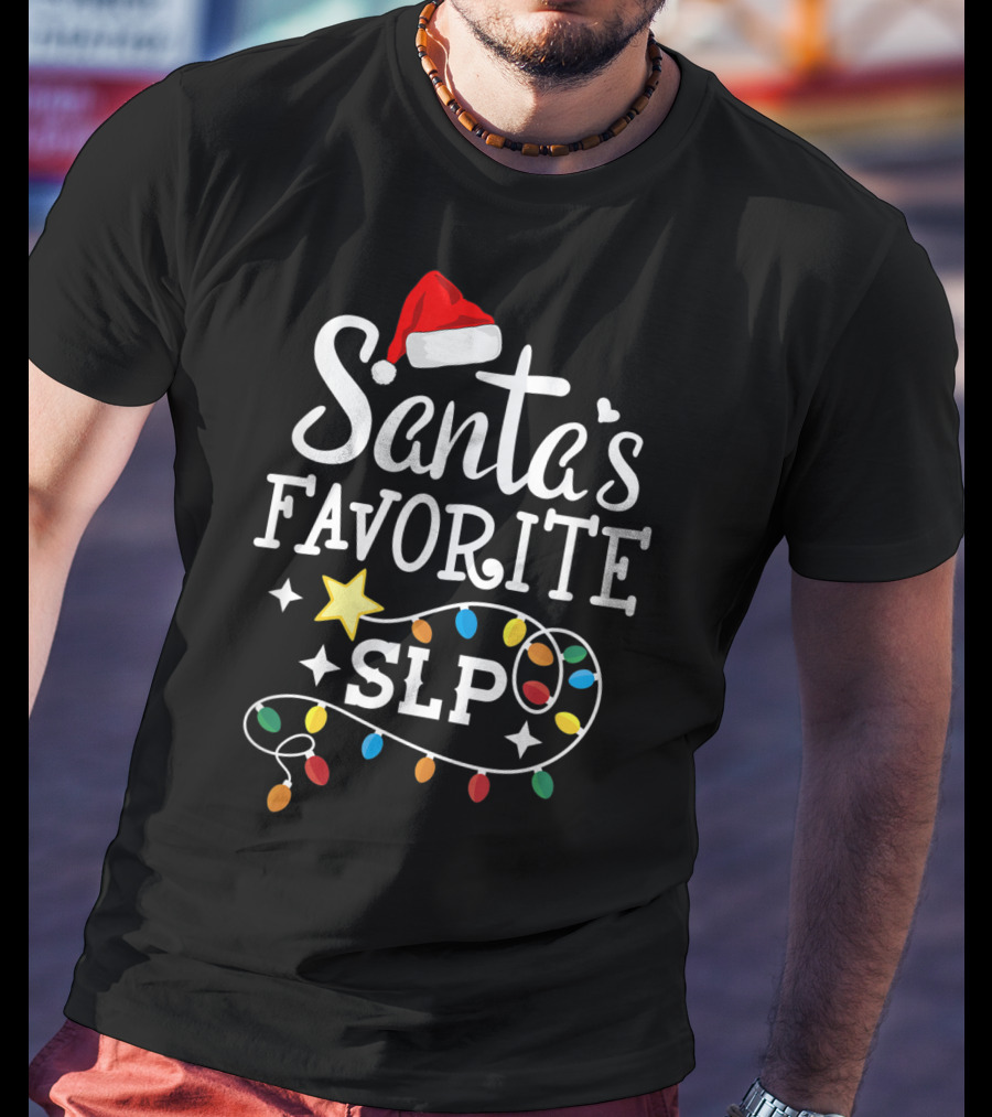 Santa's Favorite SLP Speechlanguage Christmas Lights And Santa Hat T-Shirt