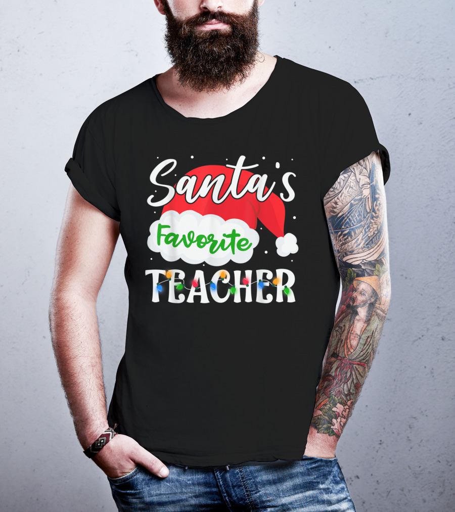 Santa's Favorite Teacher Holiday Santa Hat With Christmas Lights T-Shirt