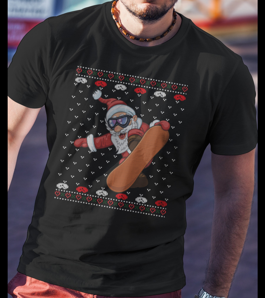 Snowboarding Santa With Goggles In Ugly Christmas T-Shirt