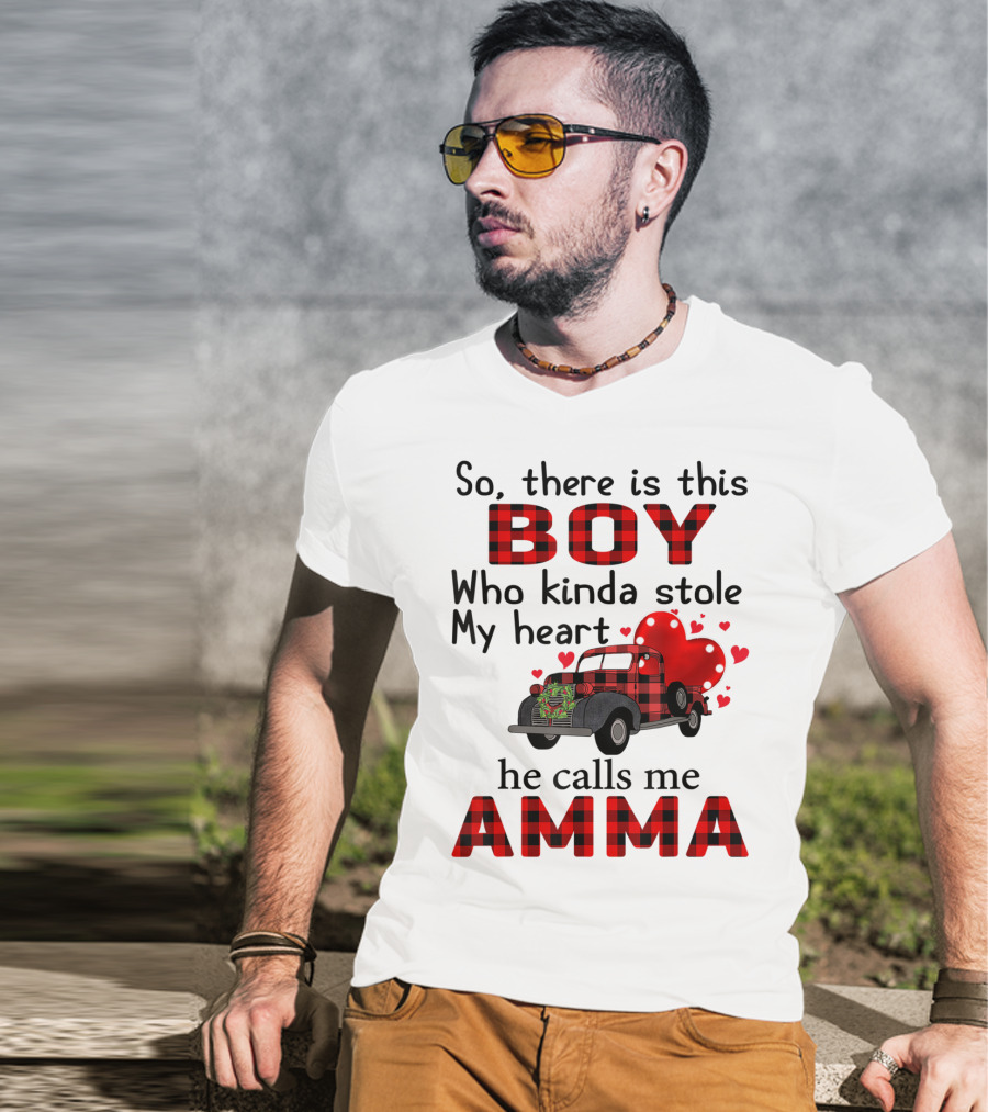 So There Is This Boy Who Kinda Stole My Heart He Calls Me Amma Red Plaid Truck Hearts T-Shirt
