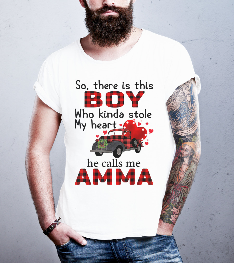 So There Is This Boy Who Kinda Stole My Heart He Calls Me Amma Red Plaid Truck Hearts T-Shirt