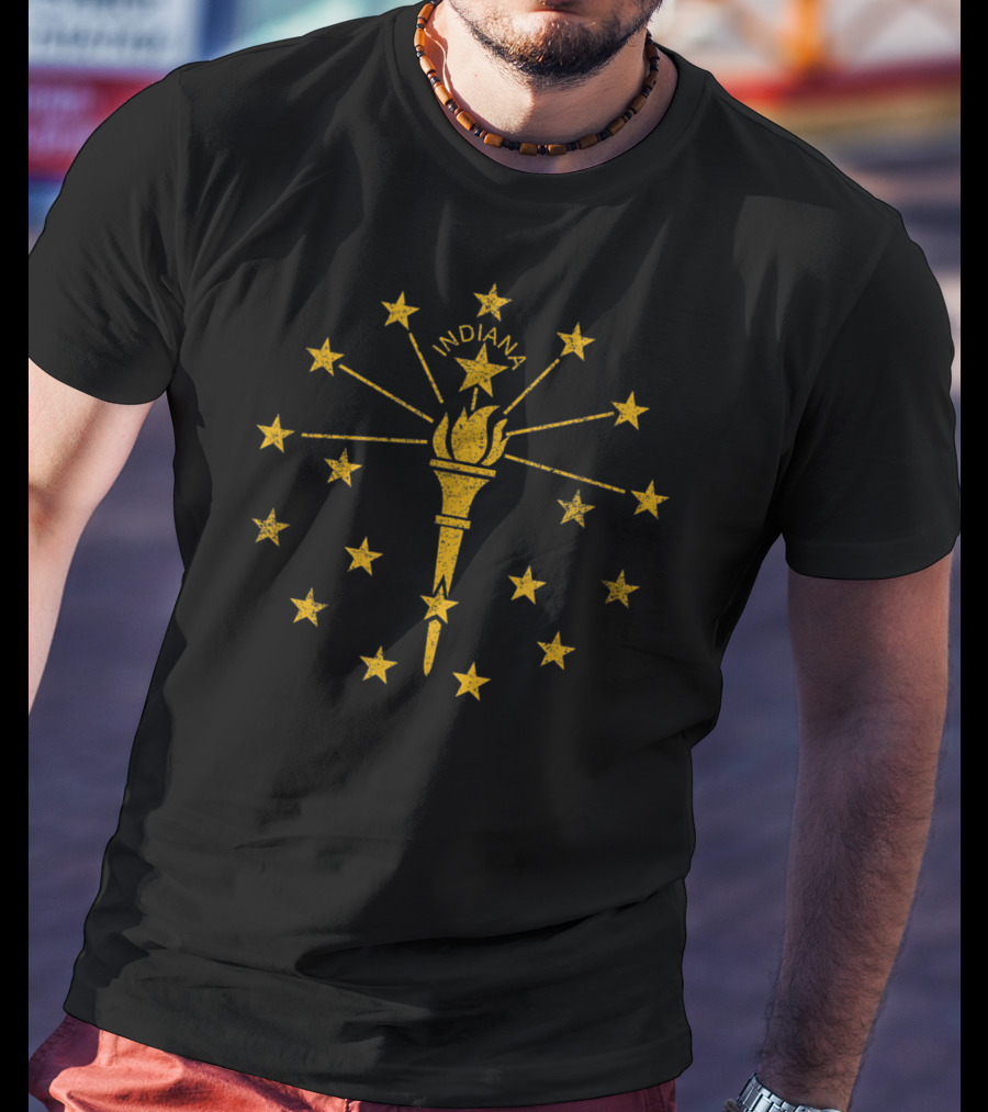 Indiana Distressed Flag Torch And Stars T-Shirt