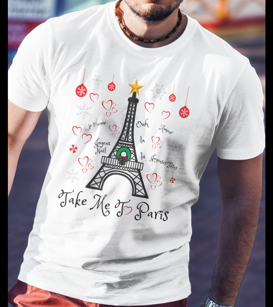 Eiffel Tower Christmas Paris Hearts Snowflakes Holiday T-Shirt
