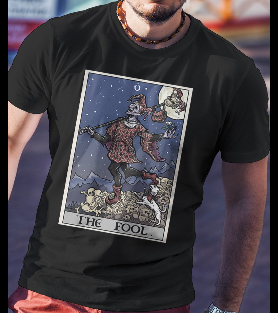 The Fool Tarot Card Gothic Halloween Jester On Skull Pile T-Shirt